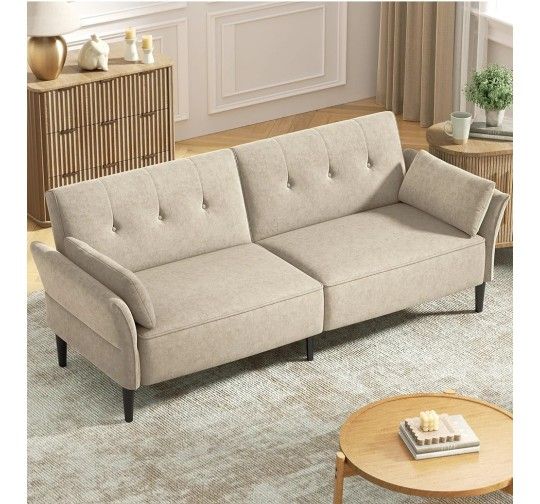 Sofa Bed, Velvet Fabric Comfy Futon Couch Bed with 2 Square Pillows, Convertible Sleeper Sofa with Adjustable Backrest& Armrests, Modern Loveseat Slee