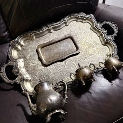 Wow 😮 !! Vintage Silver Plated Copper Partial Tea Set + (2) Ornate Serving Trays + Fork !