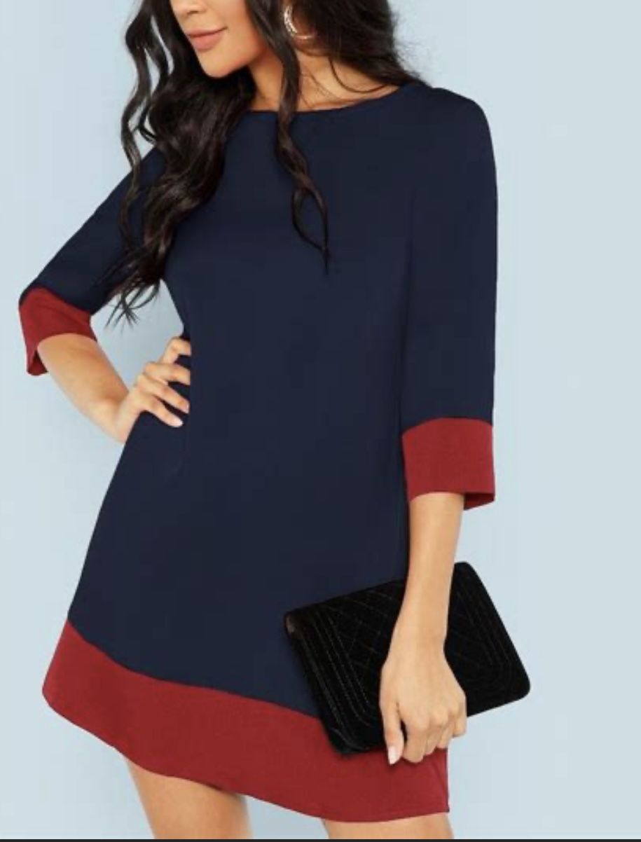 SHEIN Contrast Trim Tunic Dress Colorblock 3/4 Cuffed Sleeves