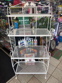 Vintage White Wrought Iron Bakers Rack / Plant Stand – 65" Tall decorative floral scrollwork