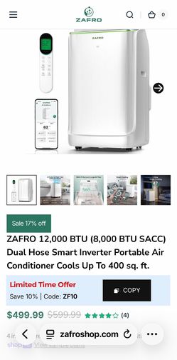 ZAFRO 12,000 BTU Dual Hose Smart Inverter Portable Air Conditioner