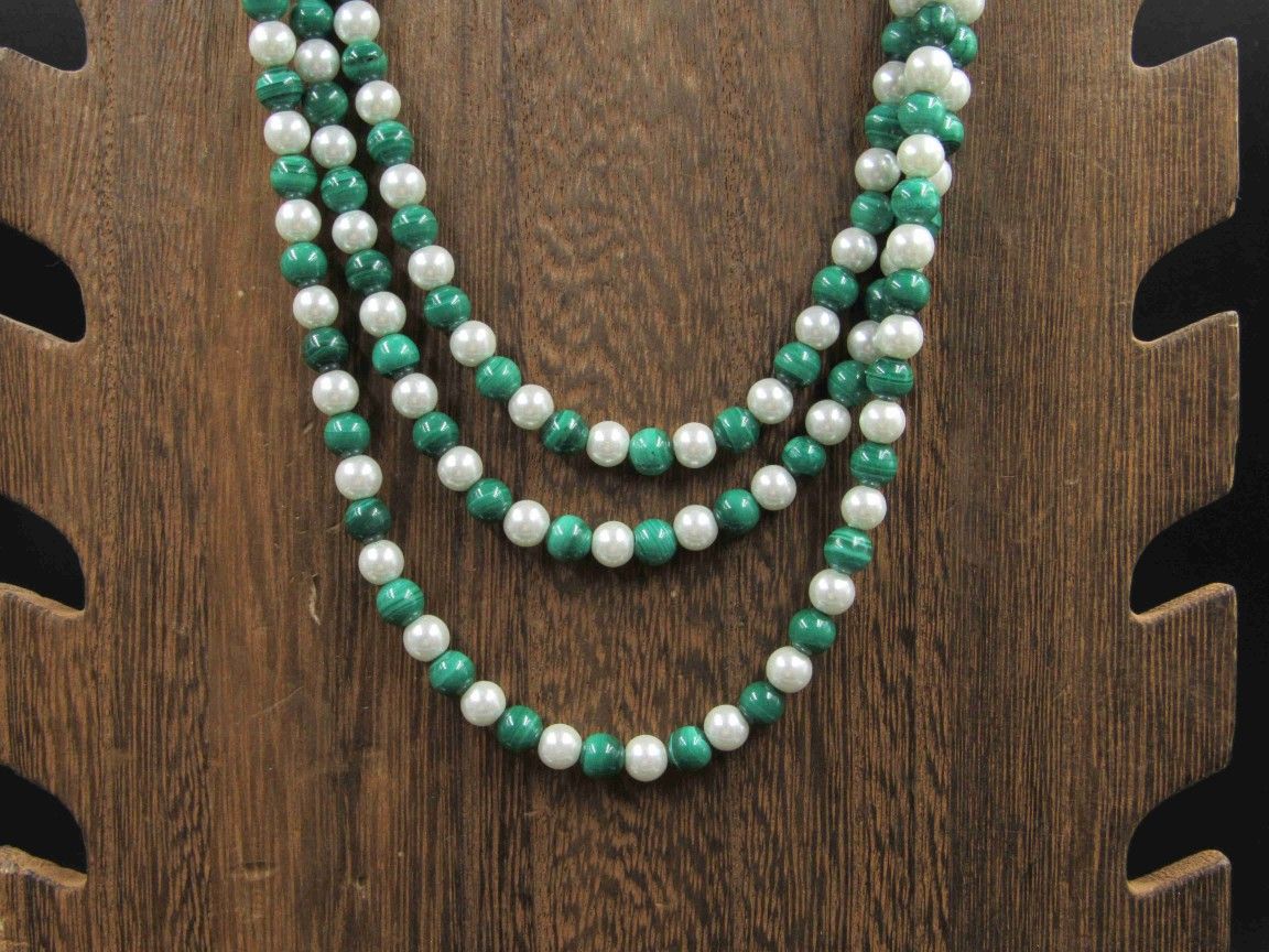 22" Sterling Silver Faux Malachite And Pearl Layered Necklace Vintage