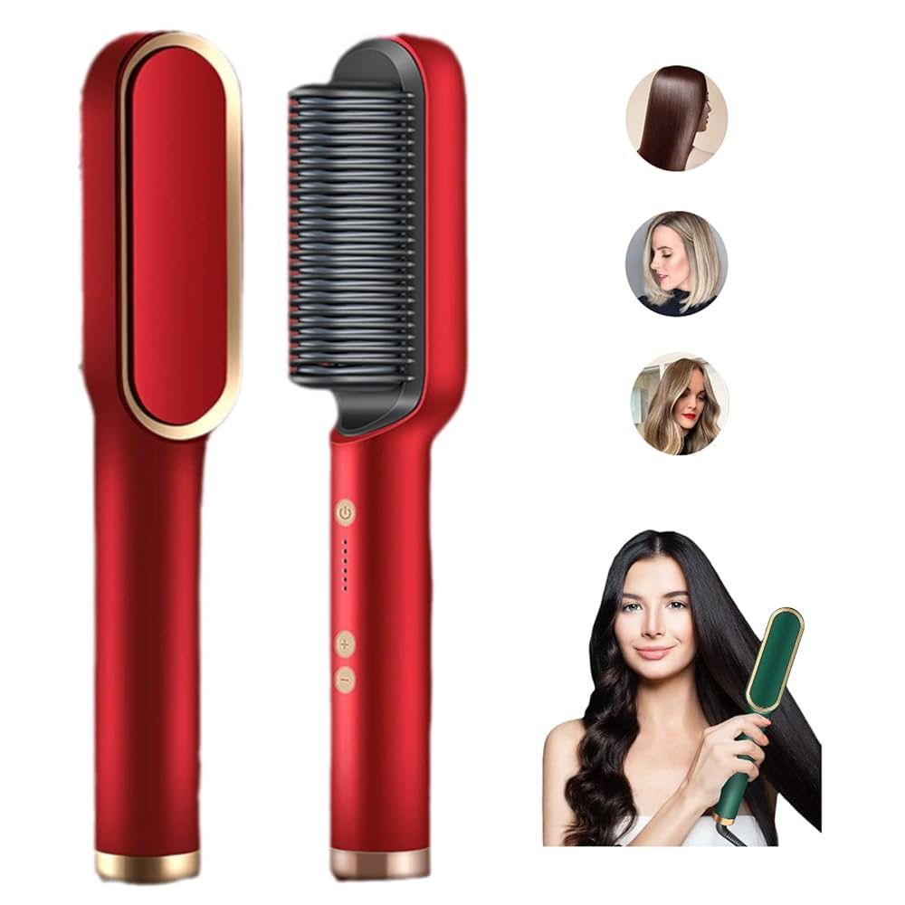 Negative Ion Straightening Brush, Curler & Heated Hair Styler - 5 Temperature Settings, 2-in-1 Styling Comb with Fast Heating and Anti-Scald, Portable