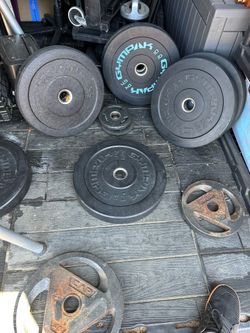 Home Gym Equipment (barbells, bumper plates, dumbbells)