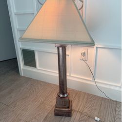 BEAUTIFUL DISTRESSED SILVER TABLE LAMP. BEIGE SILK SHADE. 36” HIGH