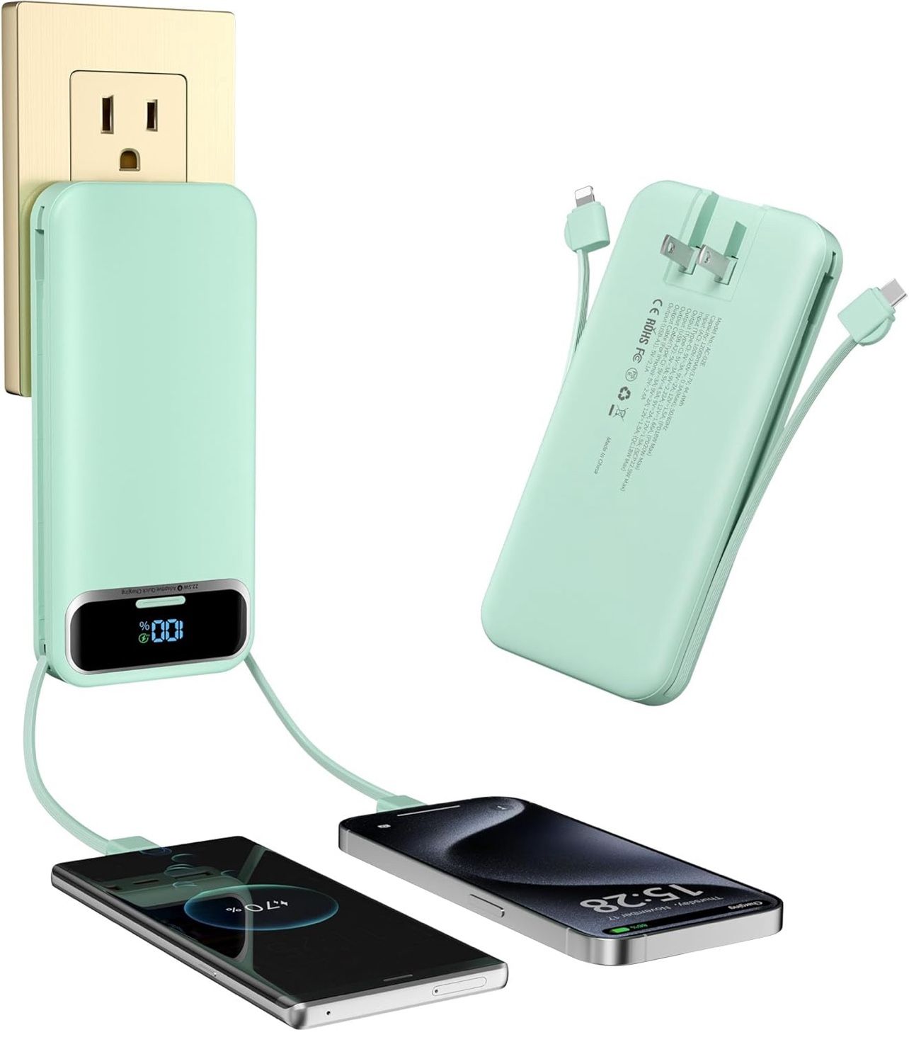 Portable-Charger Power-Bank with Built-in Cables & AC Wall Plug - 12000mAh PD 20W Fast Charging for iPhone,Samsung,Android, USB-C,Rechargeable Externa