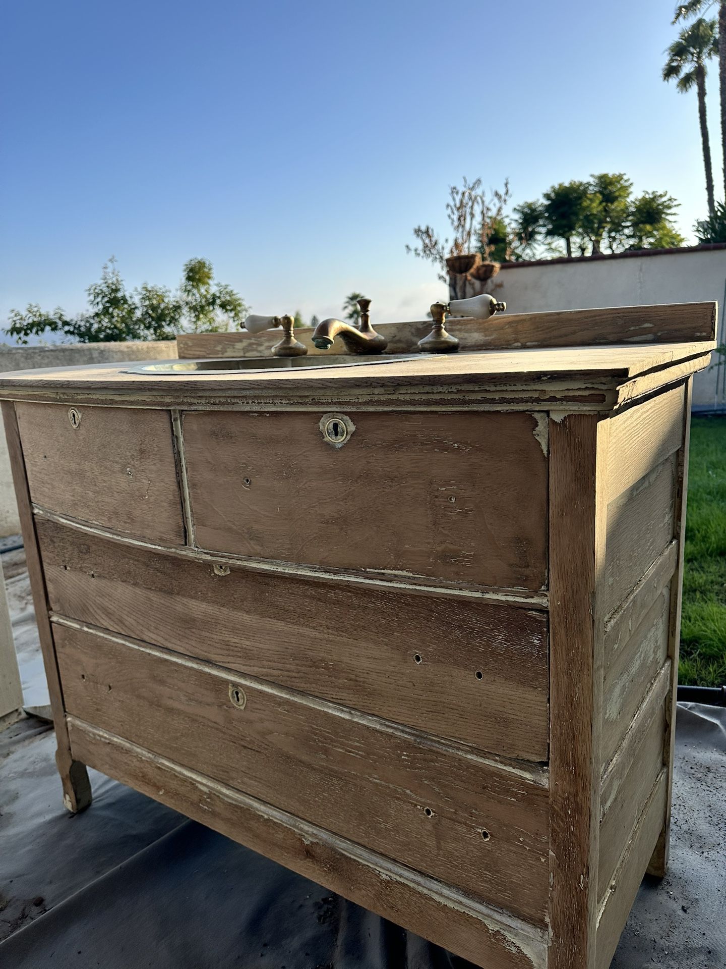 Antique Oak Vanity + Brass Sink