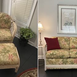 Charming Rattan BenchCraft Trio with Cushions - Matching Loveseat, Chair, Ottoman (3/$625)