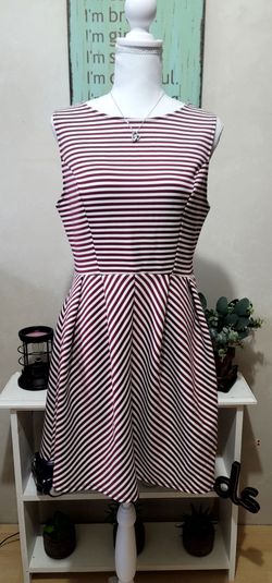 NEW Striped Sleeveless Fit-and-Flare Mini Dress in Burgundy and White