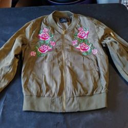 A  Army Green Like Windbreaker Jacket With Roses Embroidery On Front Of Zip Up Jacket