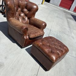 Restoration Hardware Churchill Tufted Leather Chair With Ottoman