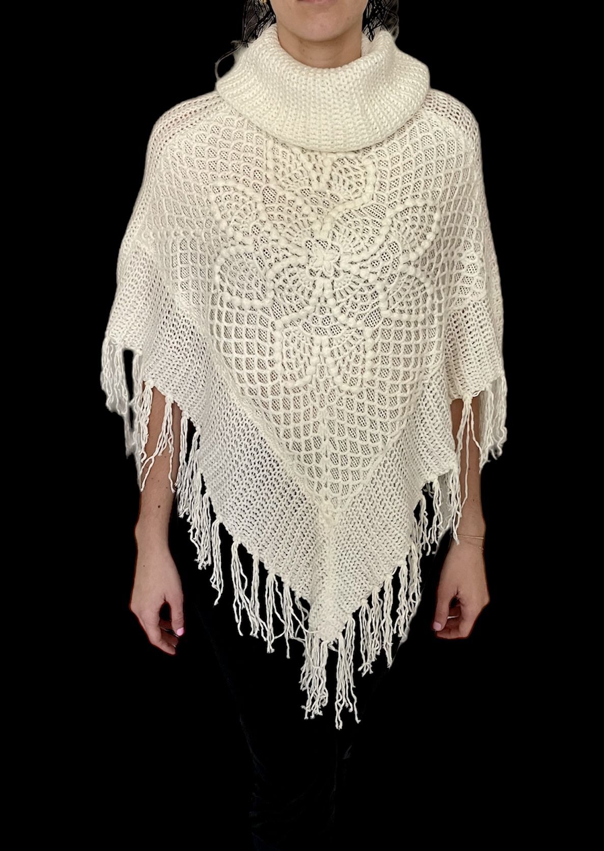 Women’s Knit Crochet Handmade in Ecuador Fringe Poncho Cowl Neck - One size      