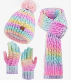 3 PCS Winter Hat Scarf Gloves Set for Women Teen Girls, 3 PCS Pom Beanie Skull Cap Knit Scarf Gloves Mittens Valentines Gift