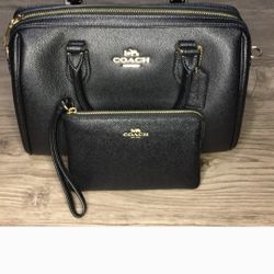 Coach Rowan Satchel Bag| Black Leather Handbag and Wristlet Set
