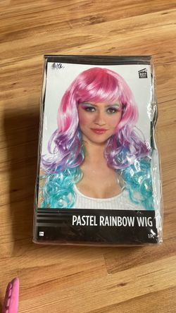 Pastel Rainbow Wig, Pink Purple Aqua Waves with Bangs,Price: $10