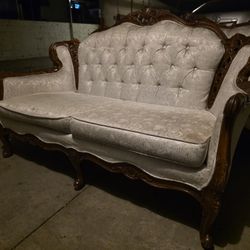 Vintage Carved Wood Loveseat Sofa – Tufted Cream Fabric – 5ft