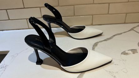 Marc Fisher size 6.5 Hadya Pump white & black colorway with a glossy patent pointed toe flared heel
