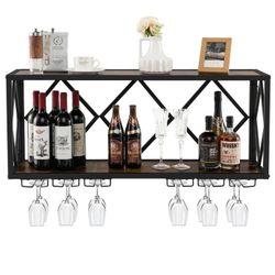 Sabrine 39 Bottle Wall Mounted Wine Bottle & Glass Rack in Black/Brown