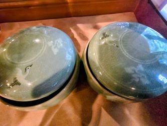 Brand New Vintage Korean Celadon Go Stone Bowls with Lids – Signed "愚香"