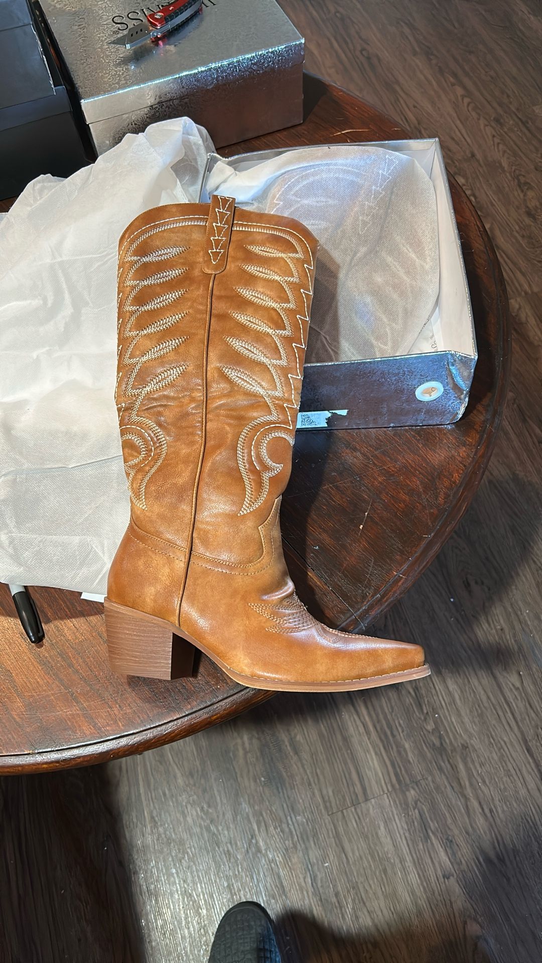Size 8.5 ISNOM Cowboy Boots for Women Knee High Cowgirl Western Womens...