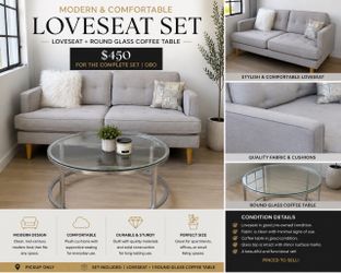 Modern Gray Loveseat and Round Glass Coffee Table Set