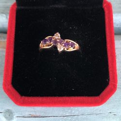 Beautiful Vintage 14k Solid Yellow Gold Amethyst Diamond Ring Size 7 Makers Stamp