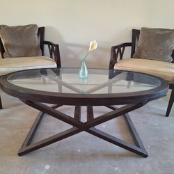 Two Wooden Side Chairs. With Cushions And Coffee Table