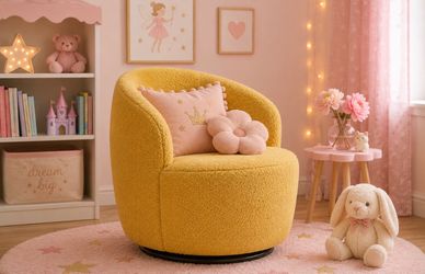 Teddy 360° Swivel Accent Armchair, Barrel Chair With Black Powder Coating Metal Base, Yellow-ModernLuxe