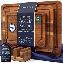 Pre-Oiled, Non Toxic 3-Piece Acacia Cutting Board Set with Stand, FSC Certified Wooden Chopping Boards, Includes 3.4 fl oz Chopping Board Oil, 3 Wood 