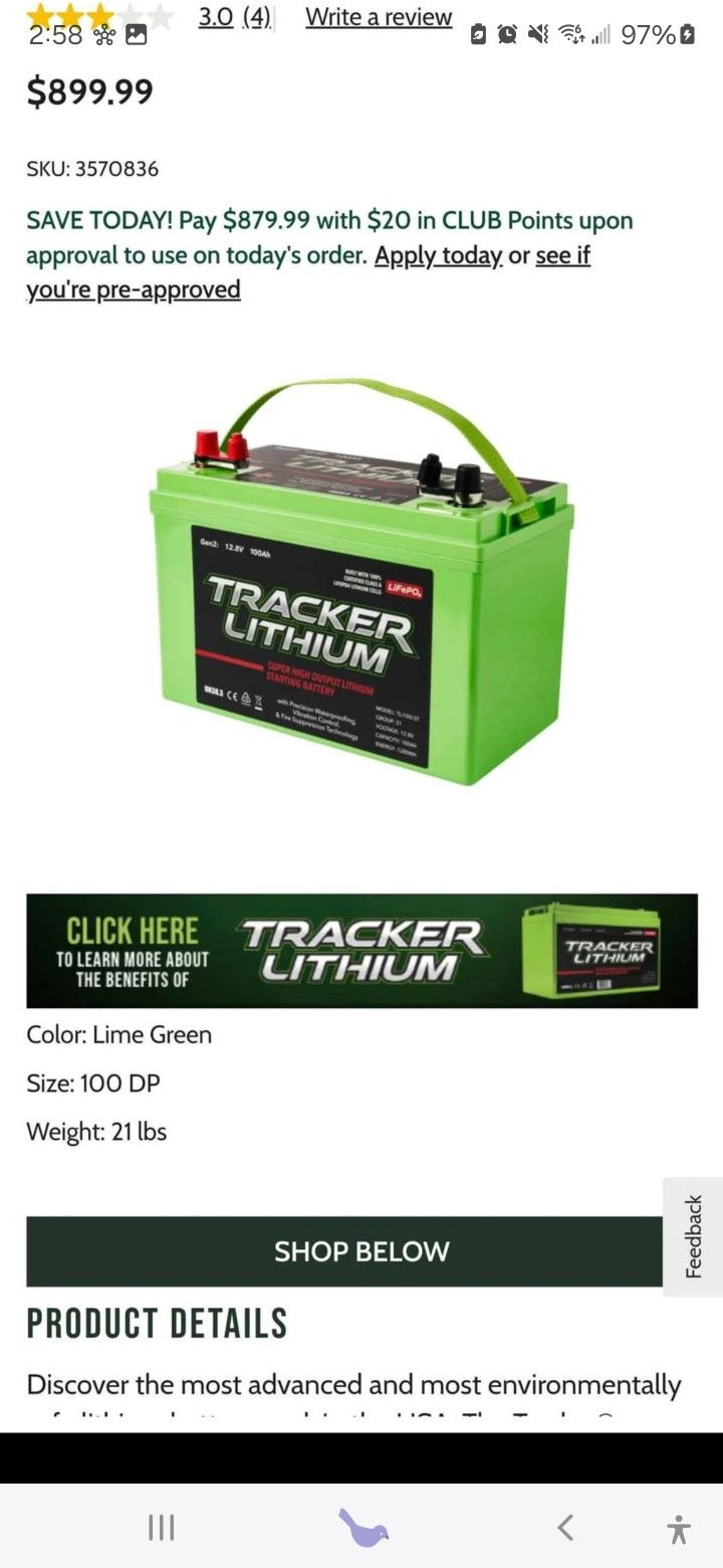 Tracker Lithium Super High Output Lithium Starting Battery