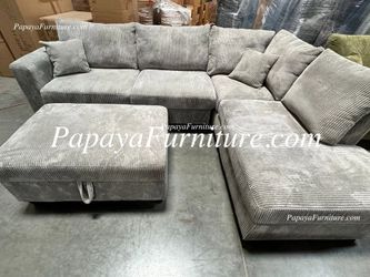 Light Grey Fabric Sectional Sofa and Chaise Lounge Set and FREE STORAGE OTTOMAN Modern Designer Ashley Style Super Discount Furniture Clearance Gray