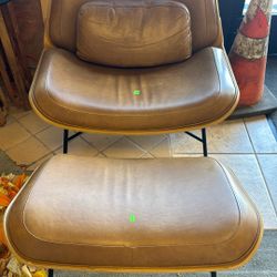 Leather & Wood Lounge Chair With Ottoman
