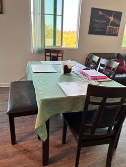 Dark Wood Dining Table with Chairs and Bench