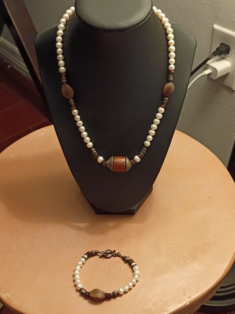 Vtg Vintage Sterling Silver, Pearl & Gemstones Necklace Bracelet Set