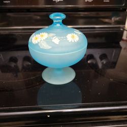 Vintage Handpainted Blue Glass Candy Dish.