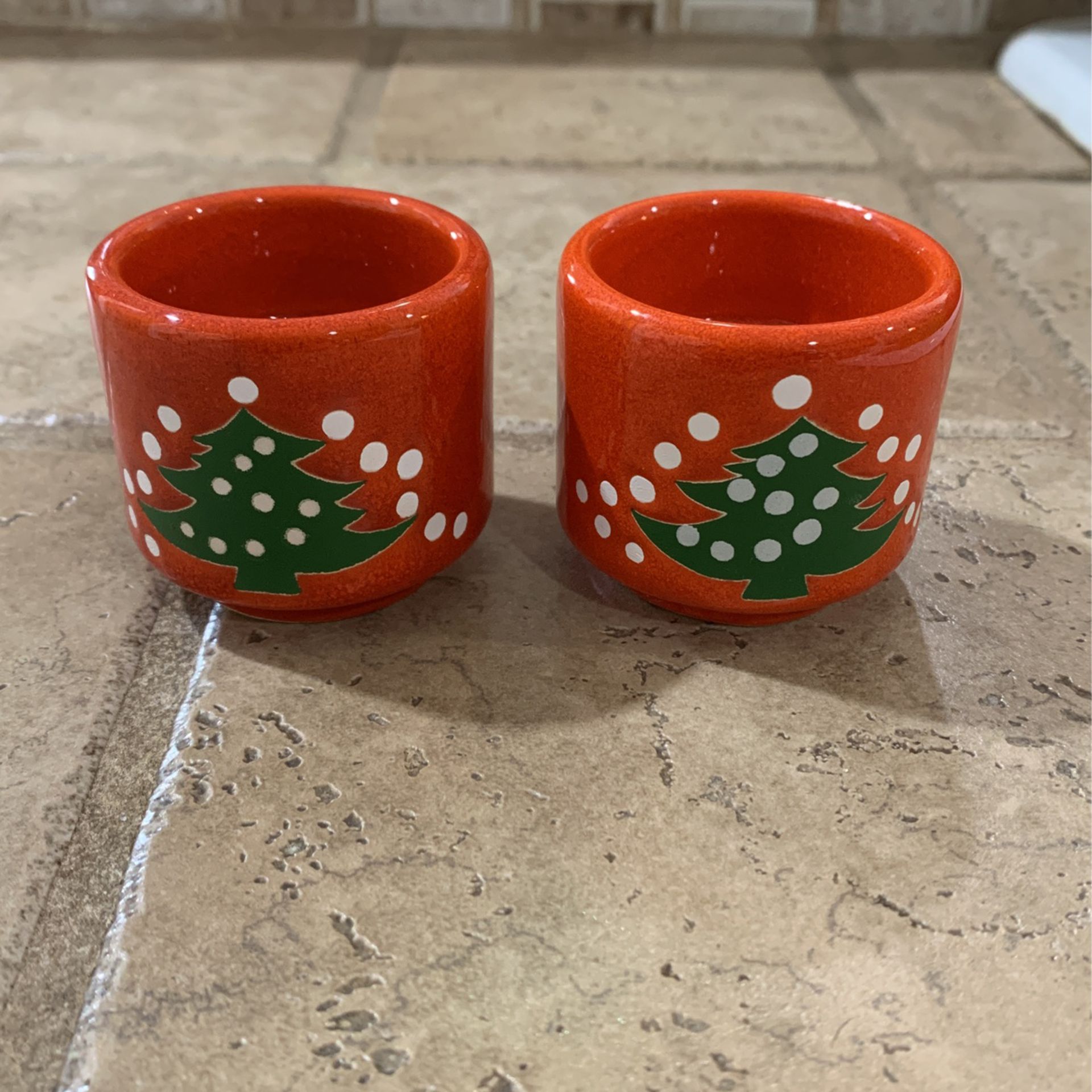 Vintage Waechtersbach Germany Christmas Tree Pair Of Candle Holder - Red w/ Green Trees