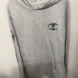 Champion Authentic Gray Hooded Long Sleeve Tshirt Camo Logo, M