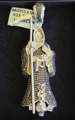Large Grim Reaper Pendant/ Silver & Black Moissanite Santa Muerte