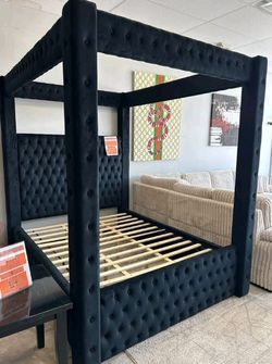 Black velvet platform king canopy bed frame 