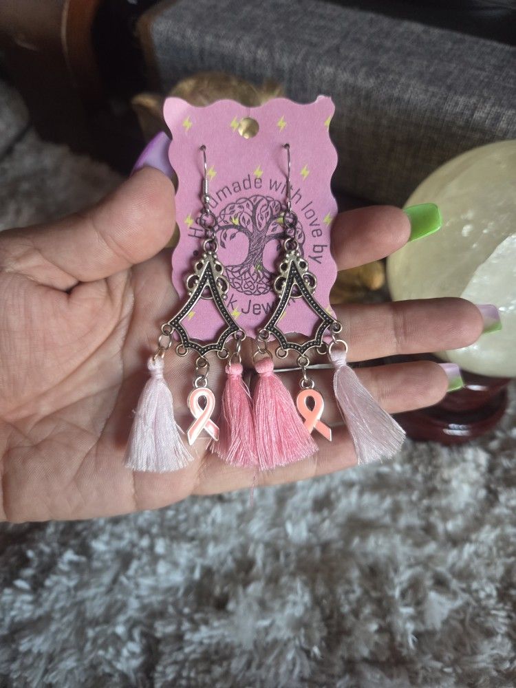 Handmade breast cancer awareness tassel earrings