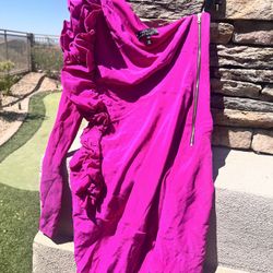 ROBERT RODRIGUEZ Womens Hot Pink Silk One-Shoulder Shift Mini Dress women’s size 2   One shoulder neckline with a long sleeve and padded shoulder, a r