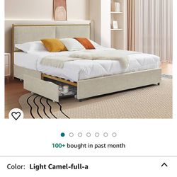 Full Size Bed, Classic Steamed Bread Shaped Backrest, Metal Frame, Solid Wood Ribs, with Four Storage Drawers, Sponge Soft Bag, Comfortable and Elegan