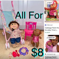 $8 For All bundle set Of Baby Dolls cabbage 🥬 Babies,stroller,feeding chair etc