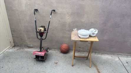Free ceiling fan, little table, basketball and tiller for parts