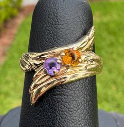 Jewelry 14k solid yellow gold wing orange and purple stones 0.60CTW ring size 5.50