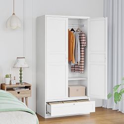 Metal Wardrobe Closet Cabinet,White Armoire Wardrobe Closets Storage Cabinets with Drawer