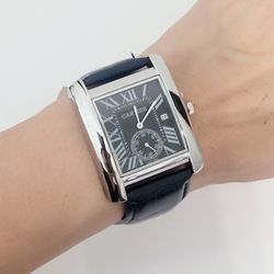Black genuine leather band silver case unisex Men's watch 35mm dial Gift