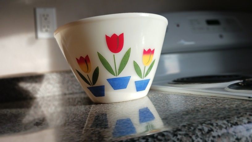 Vintage Fire King  Ivory Bowl -Tulips