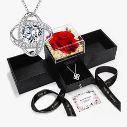 Eternal Preserved Red Rose with Necklace Gift Box Romantic Real Flower for Women Ideal for Birthday, Anniversary, Valentine’s Day, Mother’s Day