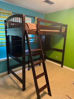 Dark Wood Loft Bed with Ladder and Shelves
